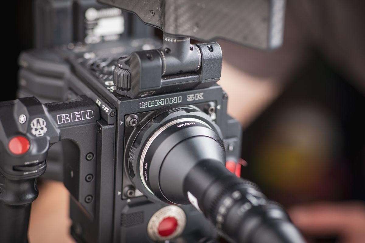 Closeup of a RED camera ready for a production creative video shoot