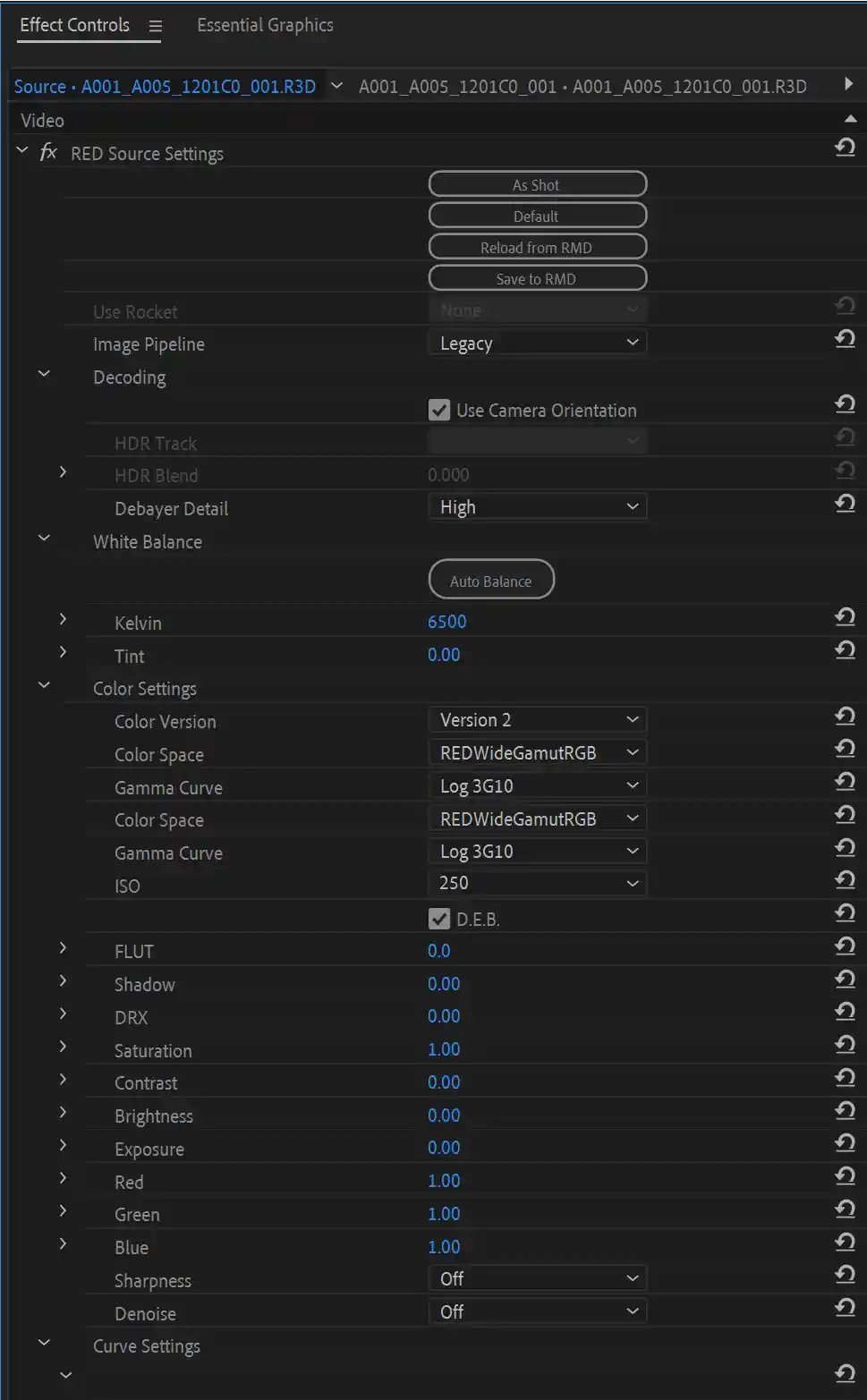 Color Space Menu in Adobe Premiere Pro for RED Camera Footage to change from log to Rec. 709.